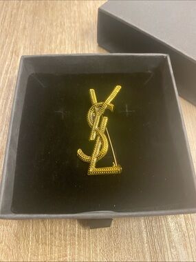 YSL Brooch, Chic Gold Tone Lapel Pin New